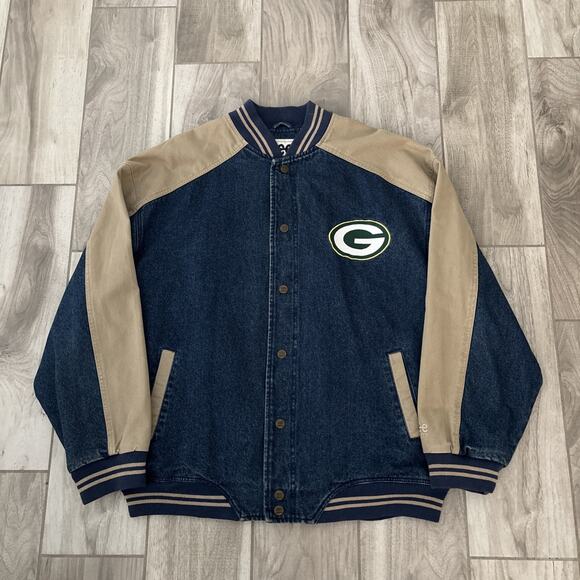 Lee Sport Green Bay Packers Denim Varsity Jacket Vintage Snap Up Men’s Sz XXL - Picture 1 of 11